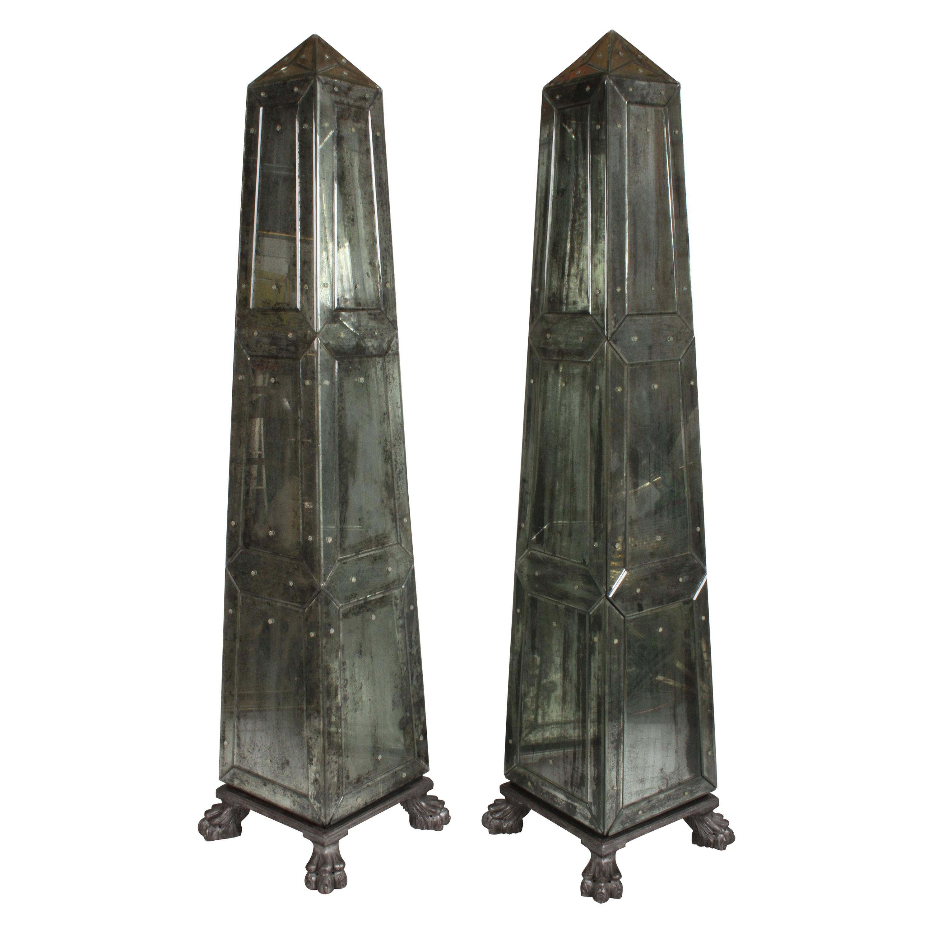 Large Pair of Neoclassical Venetian Style Antique Mirrored Obelisks on Paw Feet