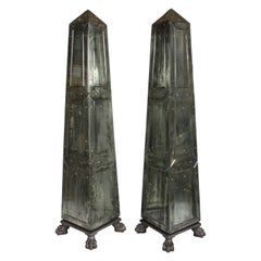 Large Pair of Neoclassical Venetian Style Used Mirrored Obelisks on Paw Feet