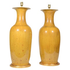 Antique Large Pair of Yellow Ochre Chinese Porcelain Baluster Table Lamps, circa 1900