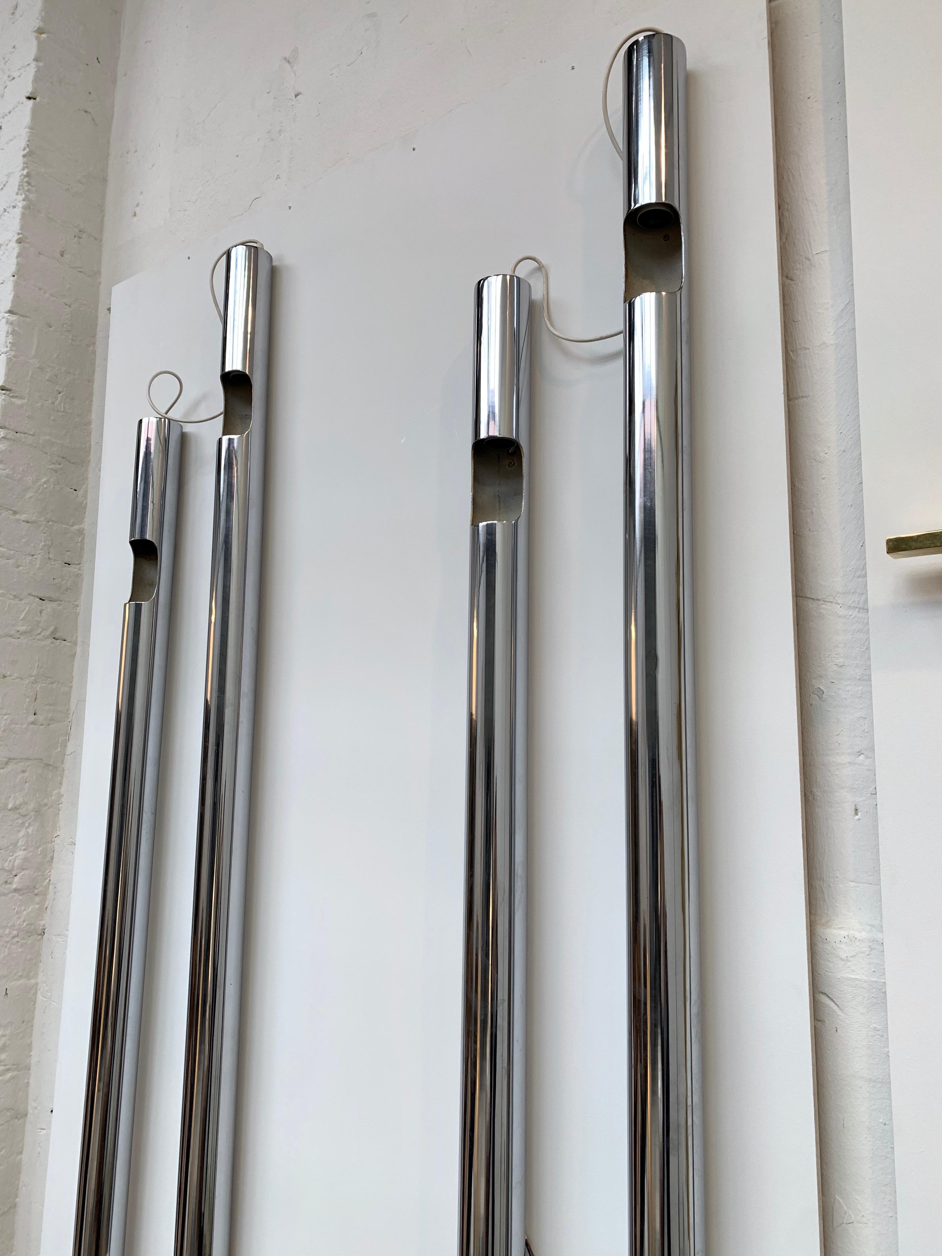 Large pair of wall lights lamps sconces organs in metal chrome by Reggiani. Famous design as Sciolari, Willy Rizzo, Maison Charles, Jansen.

Measurements on photos: H 175 x W 29 x D 7 centimeters.