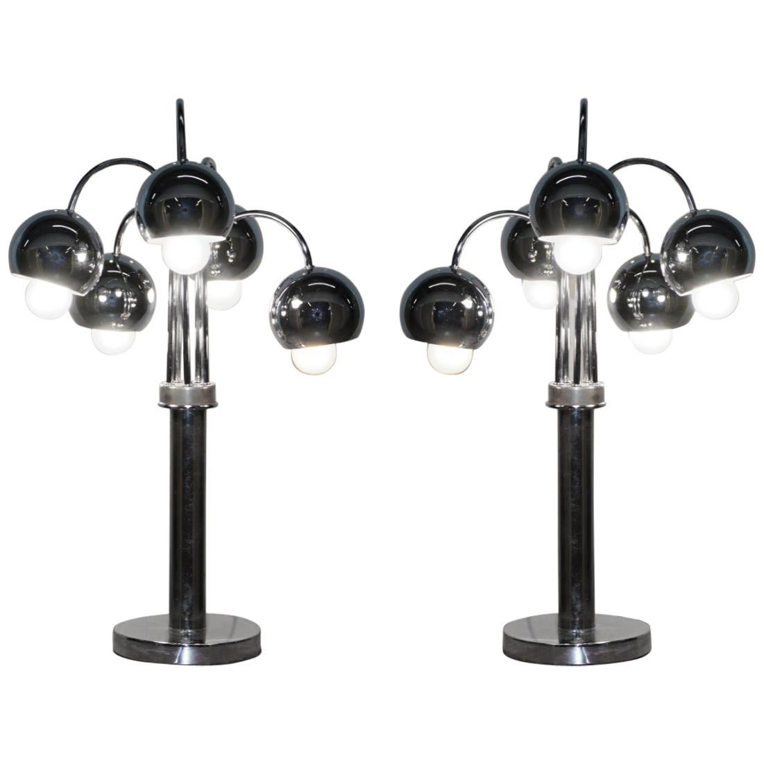 Large Pair of Original American Atomic circa 1940s Polished Chrome Table Lamps For Sale