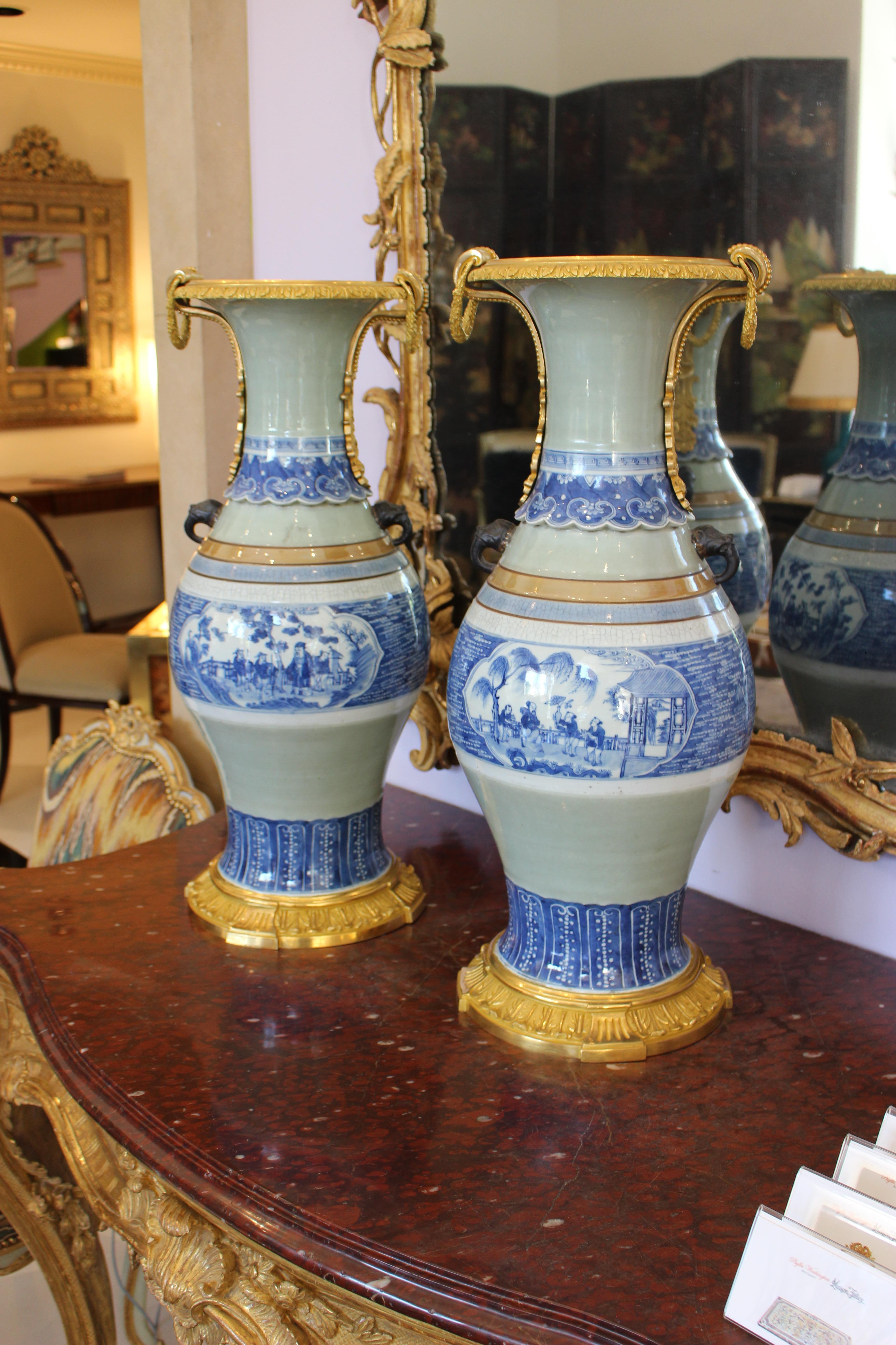 Large Pair of Ormolu-Mounted Chinese Celadon-Glazed Blue and White Vases For Sale 5