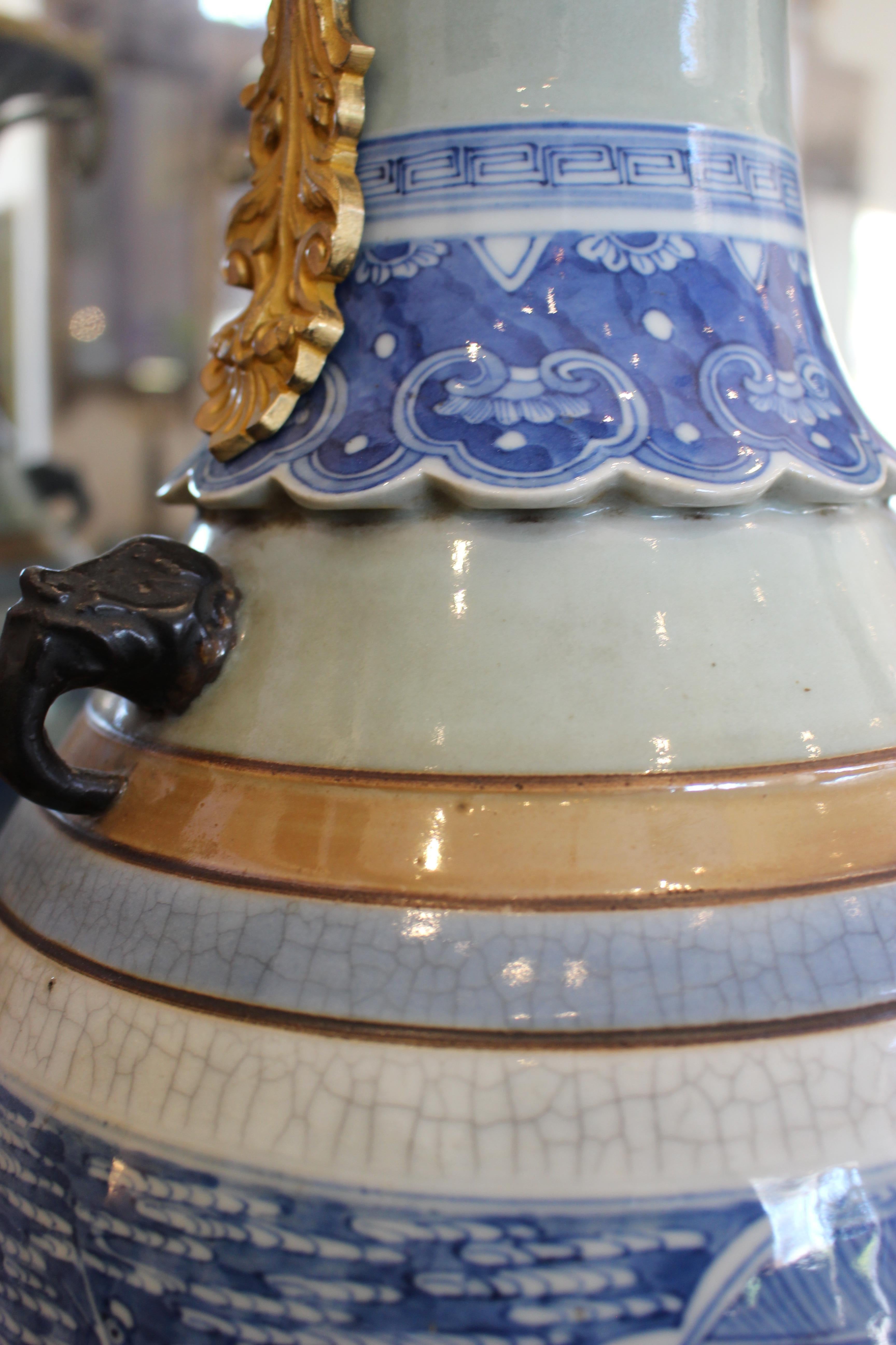 20th Century Large Pair of Ormolu-Mounted Chinese Celadon-Glazed Blue and White Vases For Sale