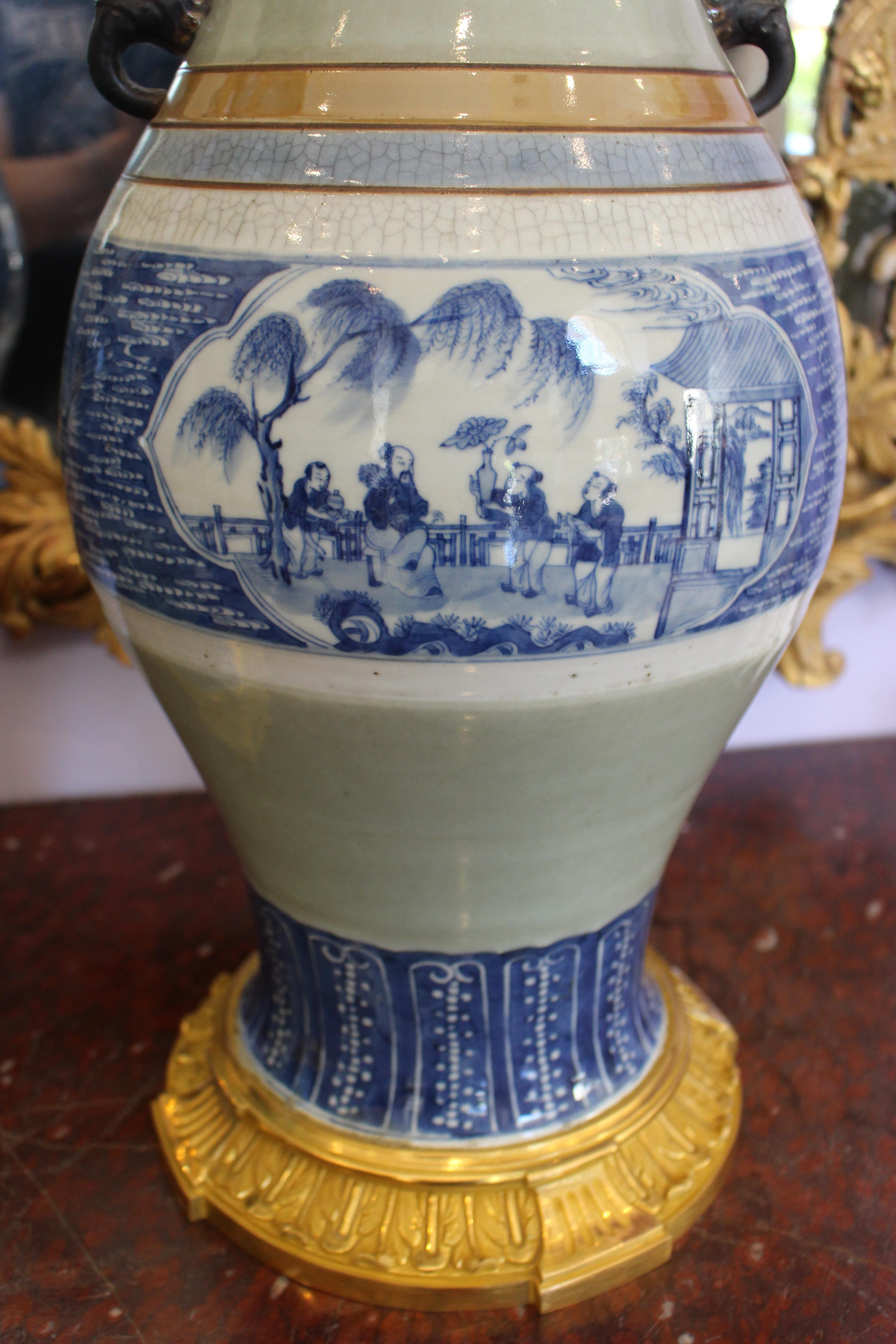 Large Pair of Ormolu-Mounted Chinese Celadon-Glazed Blue and White Vases For Sale 1