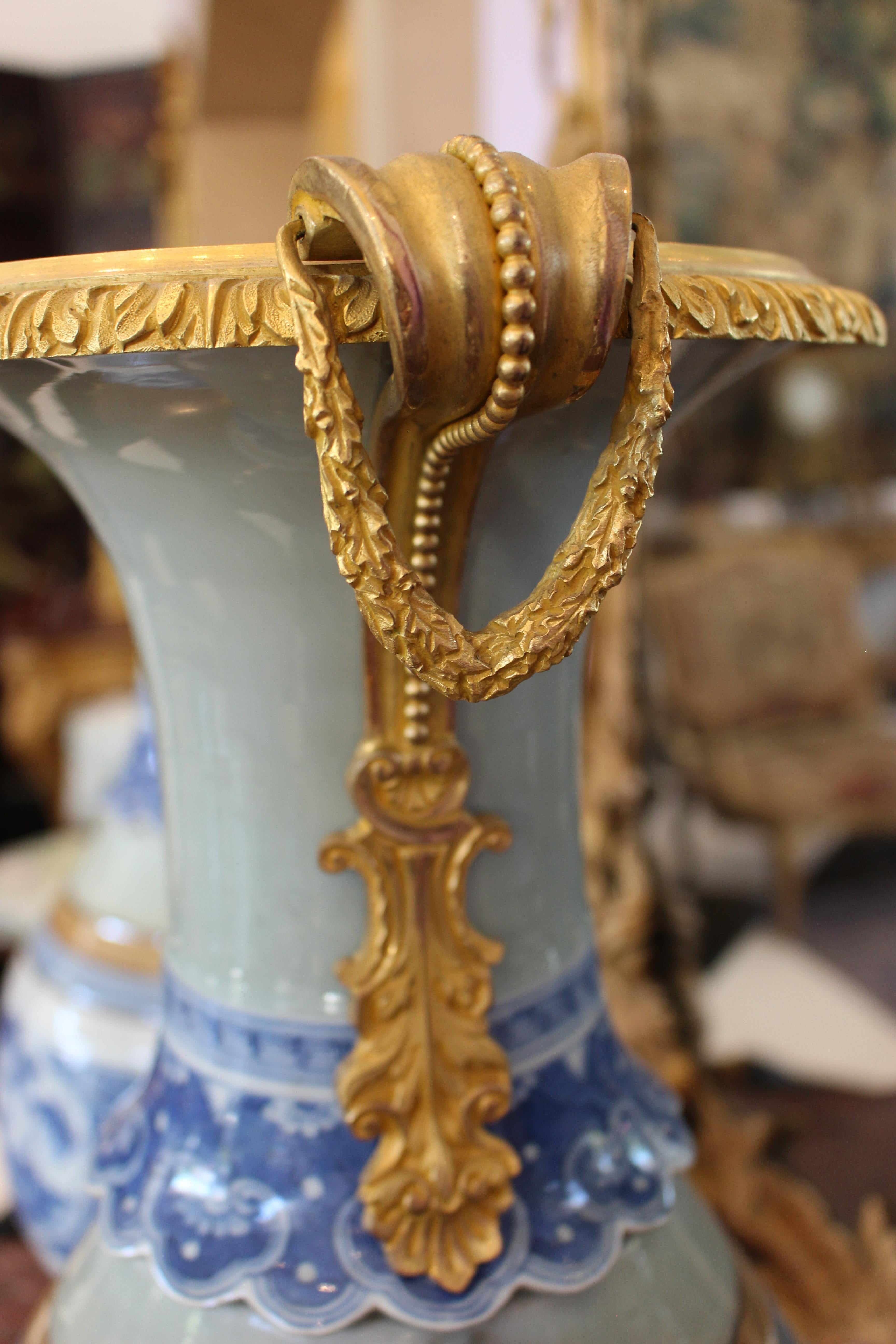 Large Pair of Ormolu-Mounted Chinese Celadon-Glazed Blue and White Vases For Sale 3