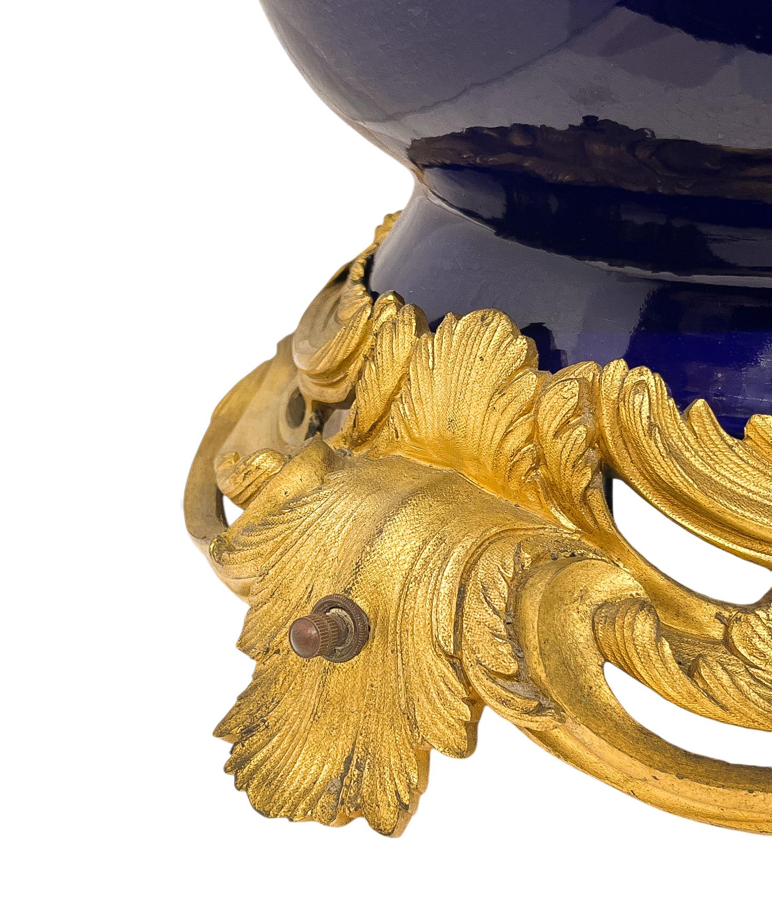 Large Pair of Ormolu Mounted Cobalt blue Porcelain Vases For Sale 4