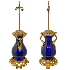 Large Pair of Ormolu Mounted Cobalt blue Porcelain Vases