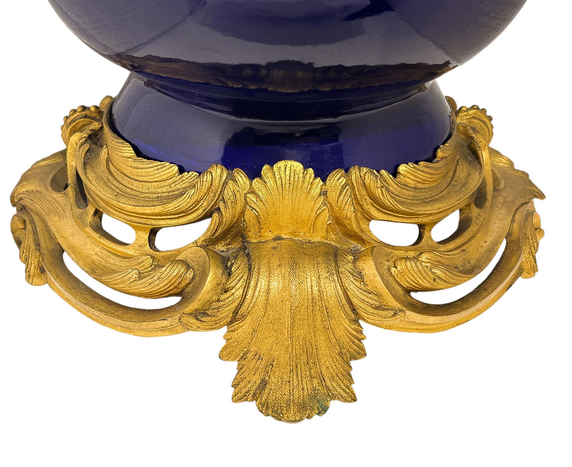 Large Pair of Ormolu Mounted Cobalt blue Porcelain Vases For Sale 3