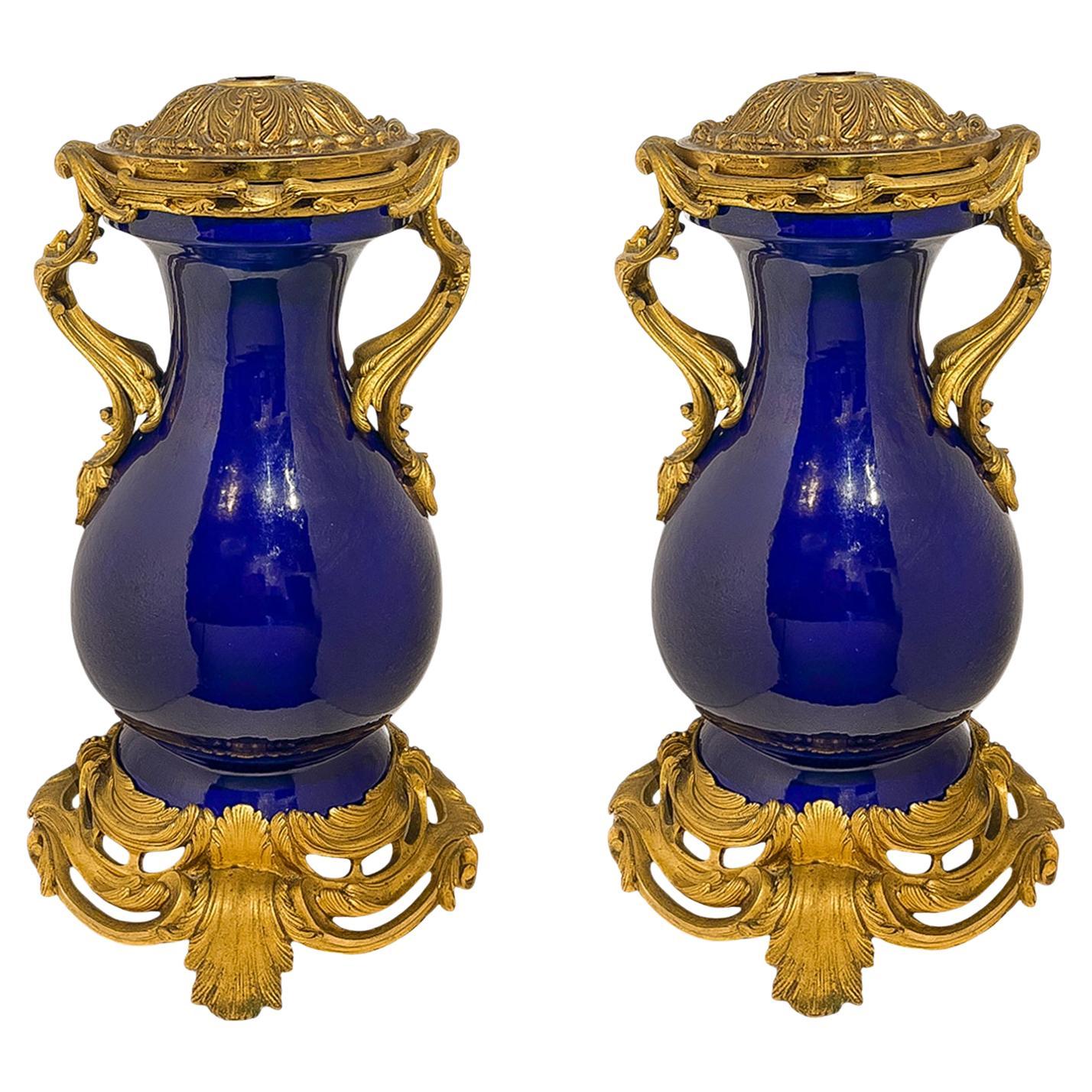 Large Pair of Ormolu Mounted Cobalt blue Porcelain Vases For Sale