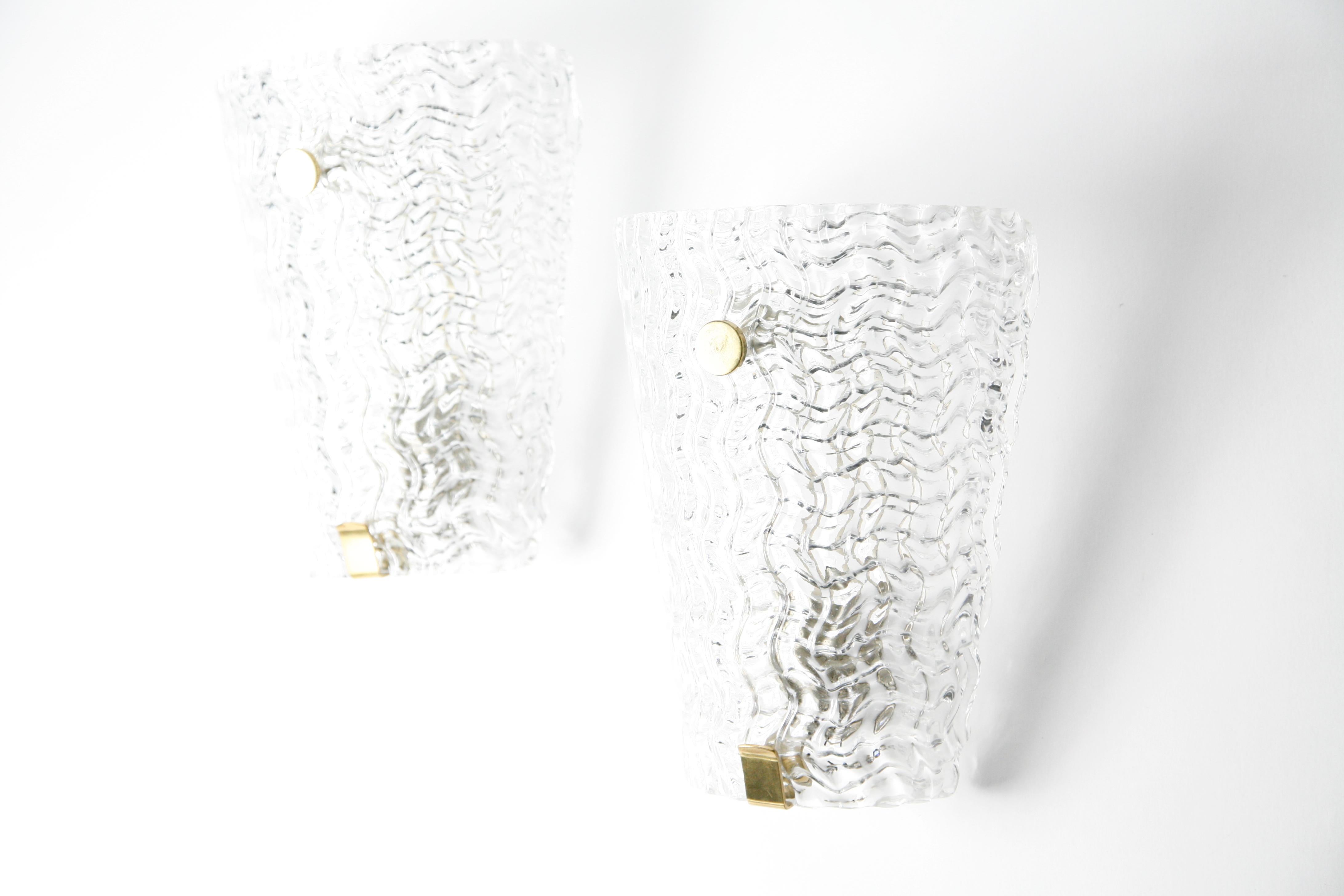 Swedish Pair of Orrefors Crystal and Brass Sconces by Carl Fagerlund, Sweden, 1950 For Sale