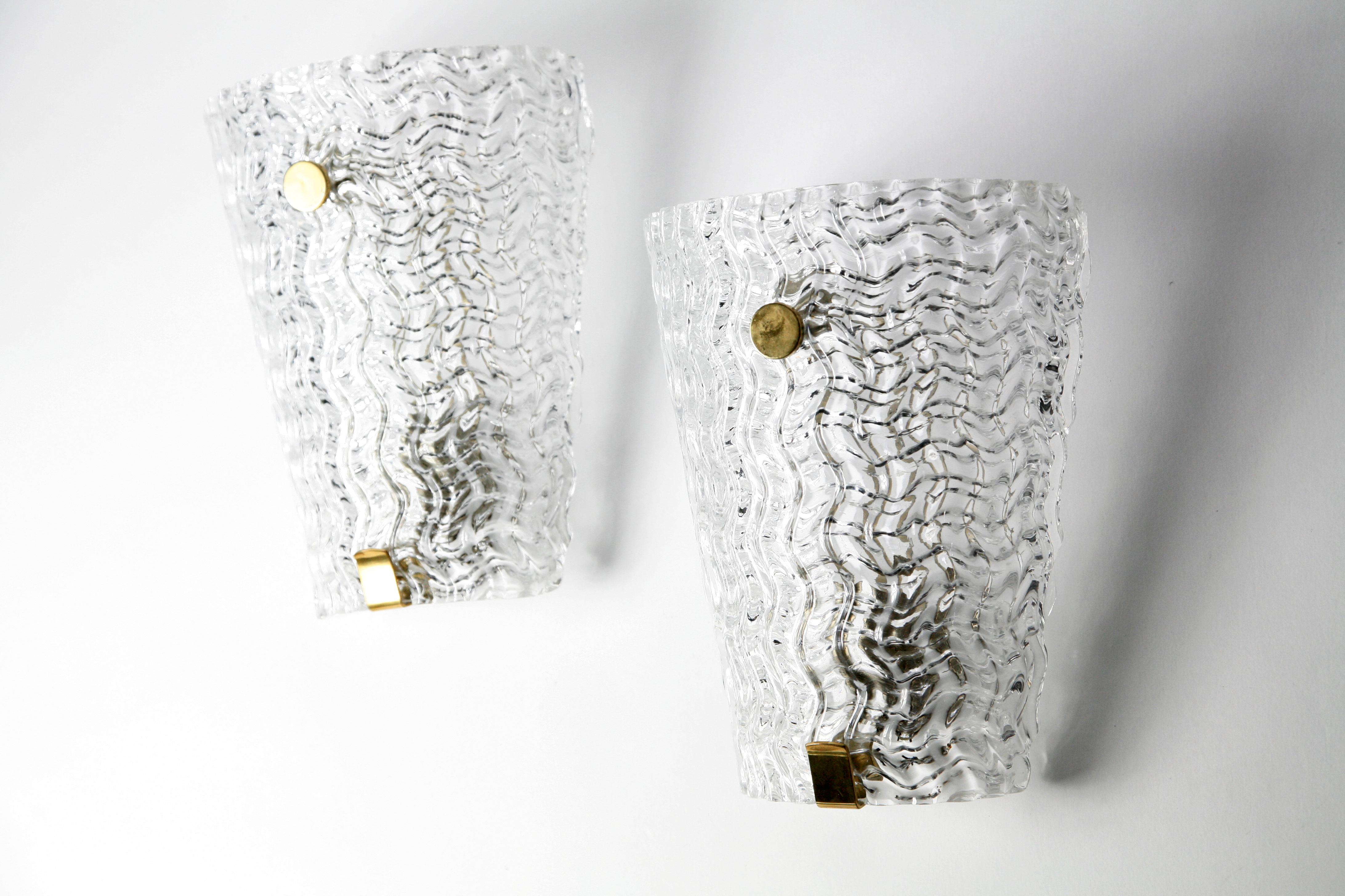 Cast Pair of Orrefors Crystal and Brass Sconces by Carl Fagerlund, Sweden, 1950 For Sale
