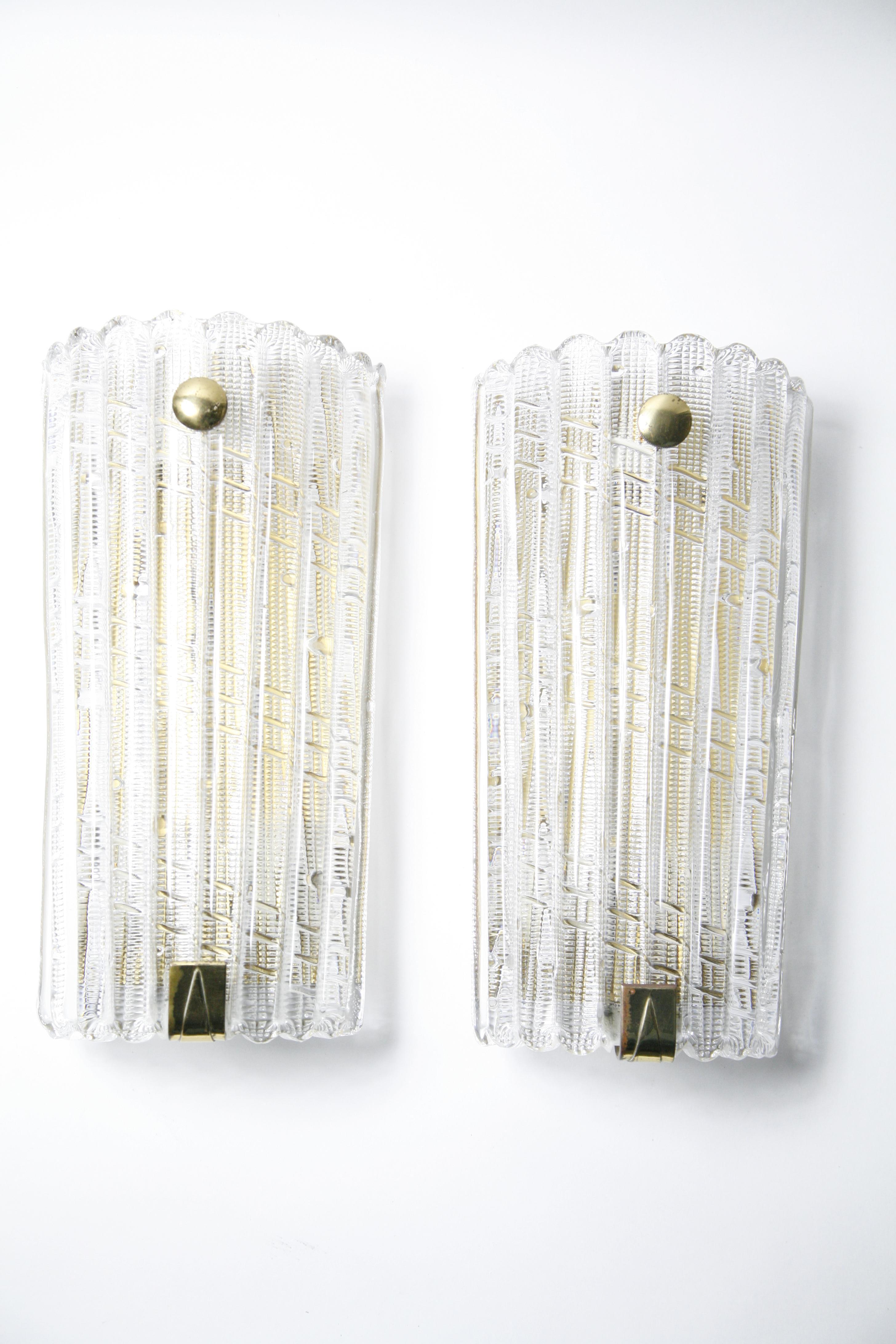 Hand-Crafted Large Pair of Orrefors Crystal and Brass Sconces by Carl Fagerlund, Sweden, 1950 For Sale
