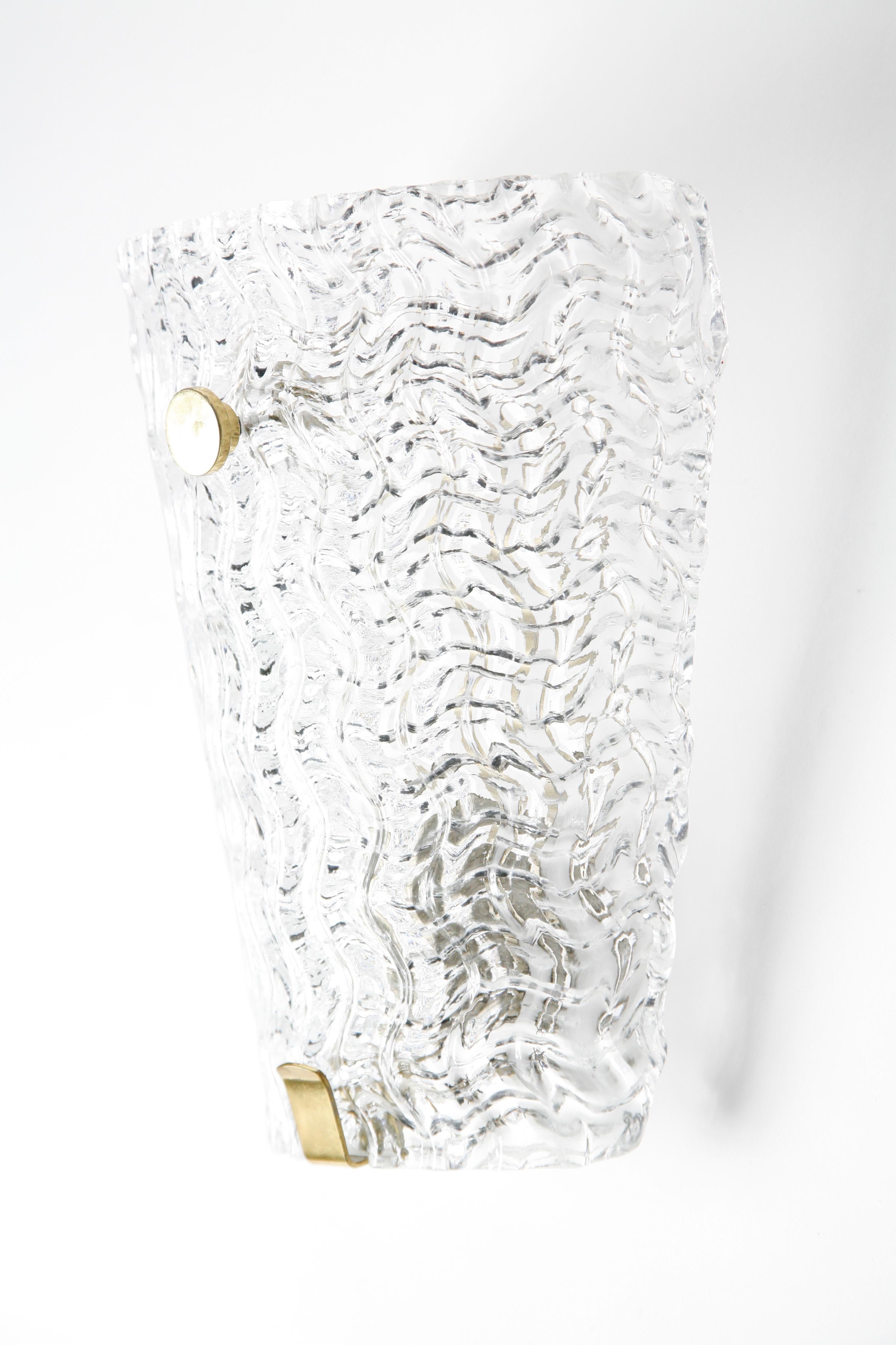 20th Century Pair of Orrefors Crystal and Brass Sconces by Carl Fagerlund, Sweden, 1950 For Sale