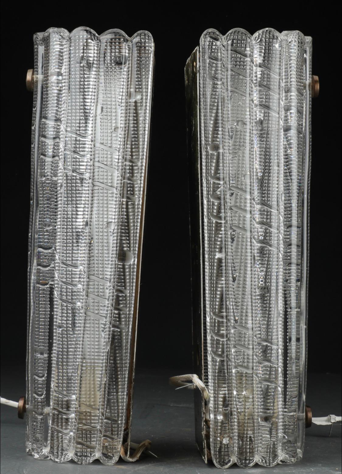 20th Century Large Pair of Orrefors Crystal and Brass Sconces by Carl Fagerlund, Sweden, 1950 For Sale