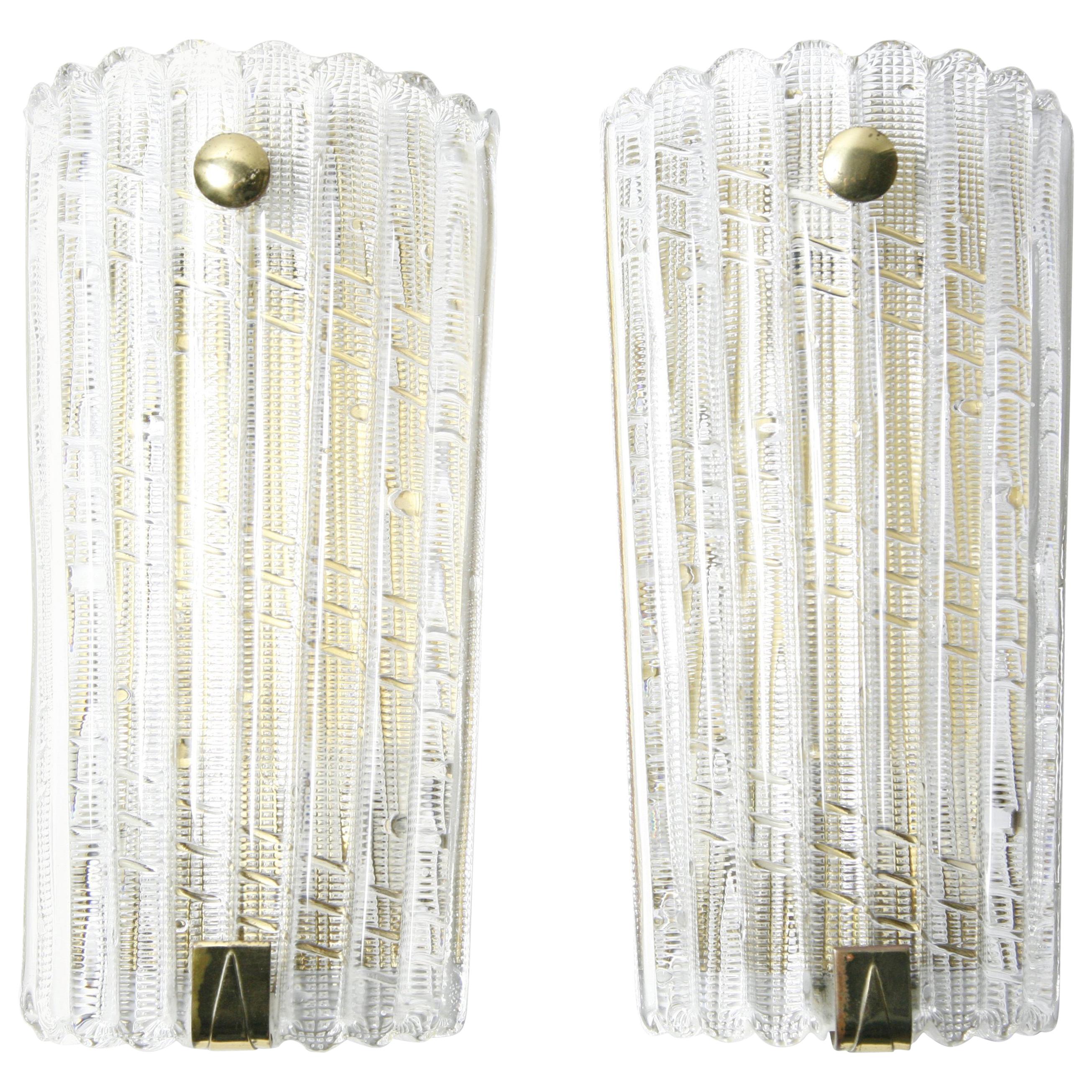 Large Pair of Orrefors Crystal and Brass Sconces by Carl Fagerlund, Sweden, 1950