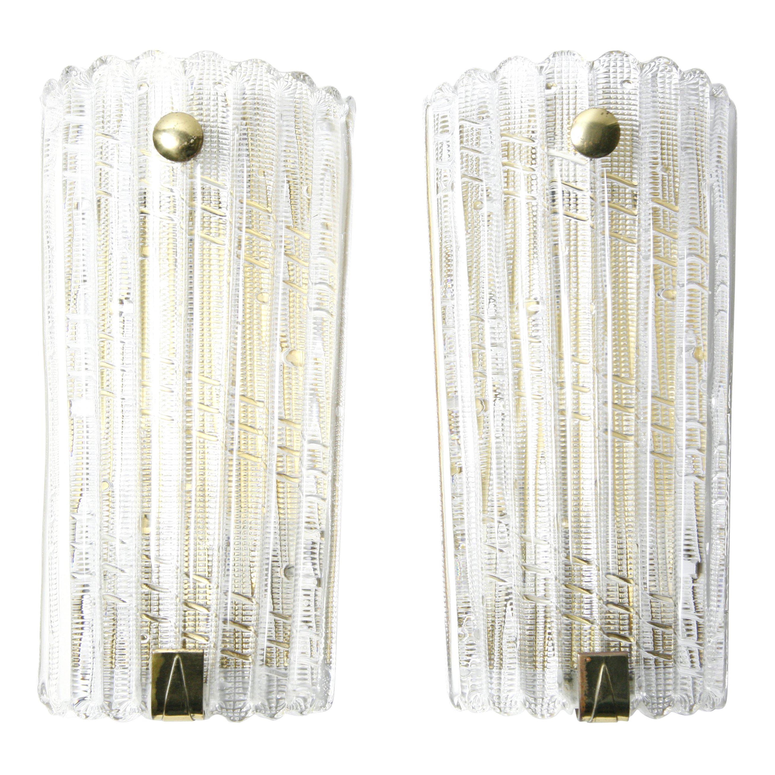 Large Pair of Orrefors Crystal and Brass Sconces by Carl Fagerlund, Sweden, 1950