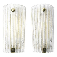 Large Pair of Orrefors Crystal and Brass Sconces by Carl Fagerlund, Sweden, 1950