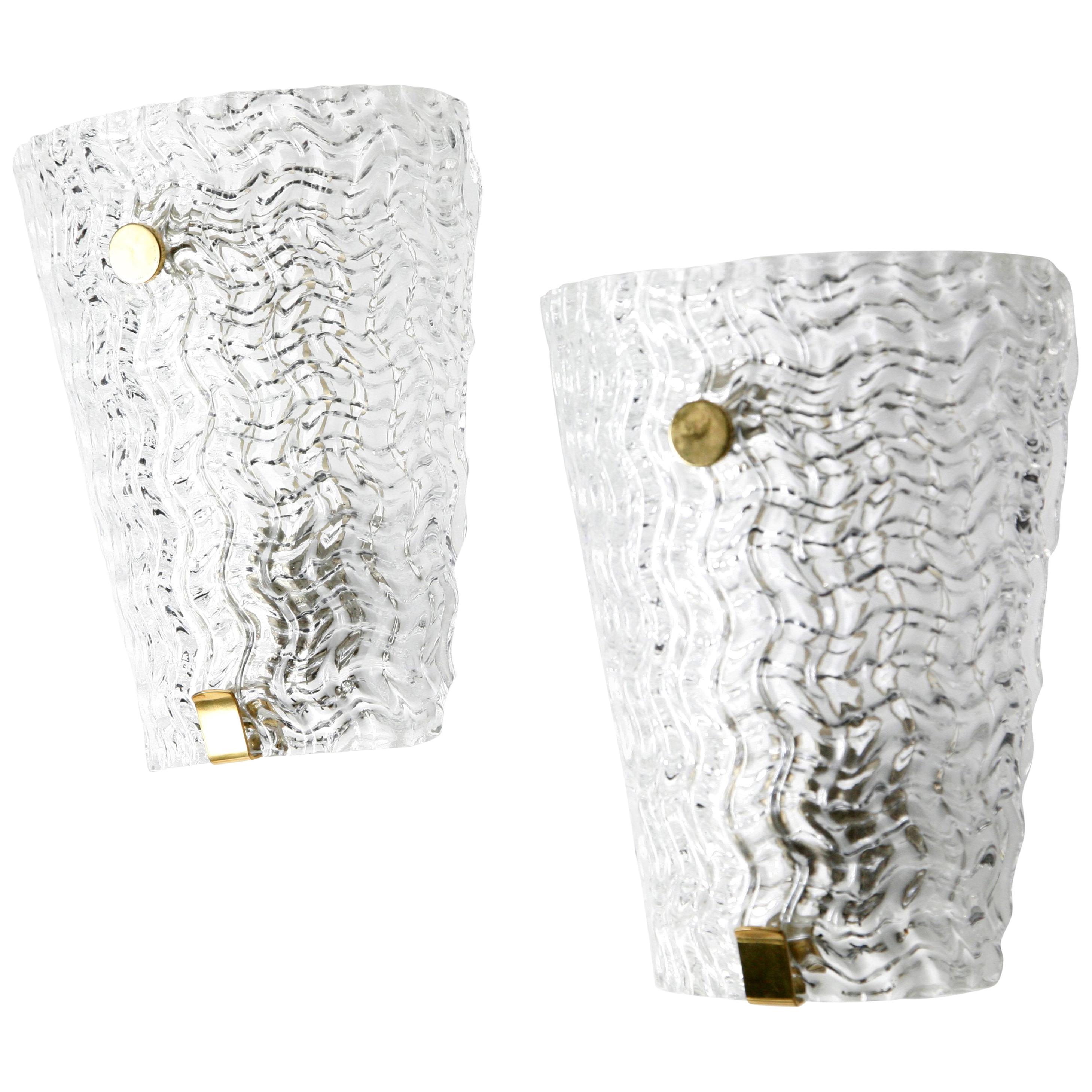 Pair of Orrefors Crystal and Brass Sconces by Carl Fagerlund, Sweden, 1950