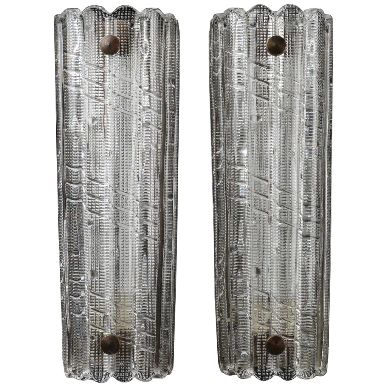 Large Pair of Orrefors Crystal and Brass Sconces by Carl Fagerlund, Sweden, 1950