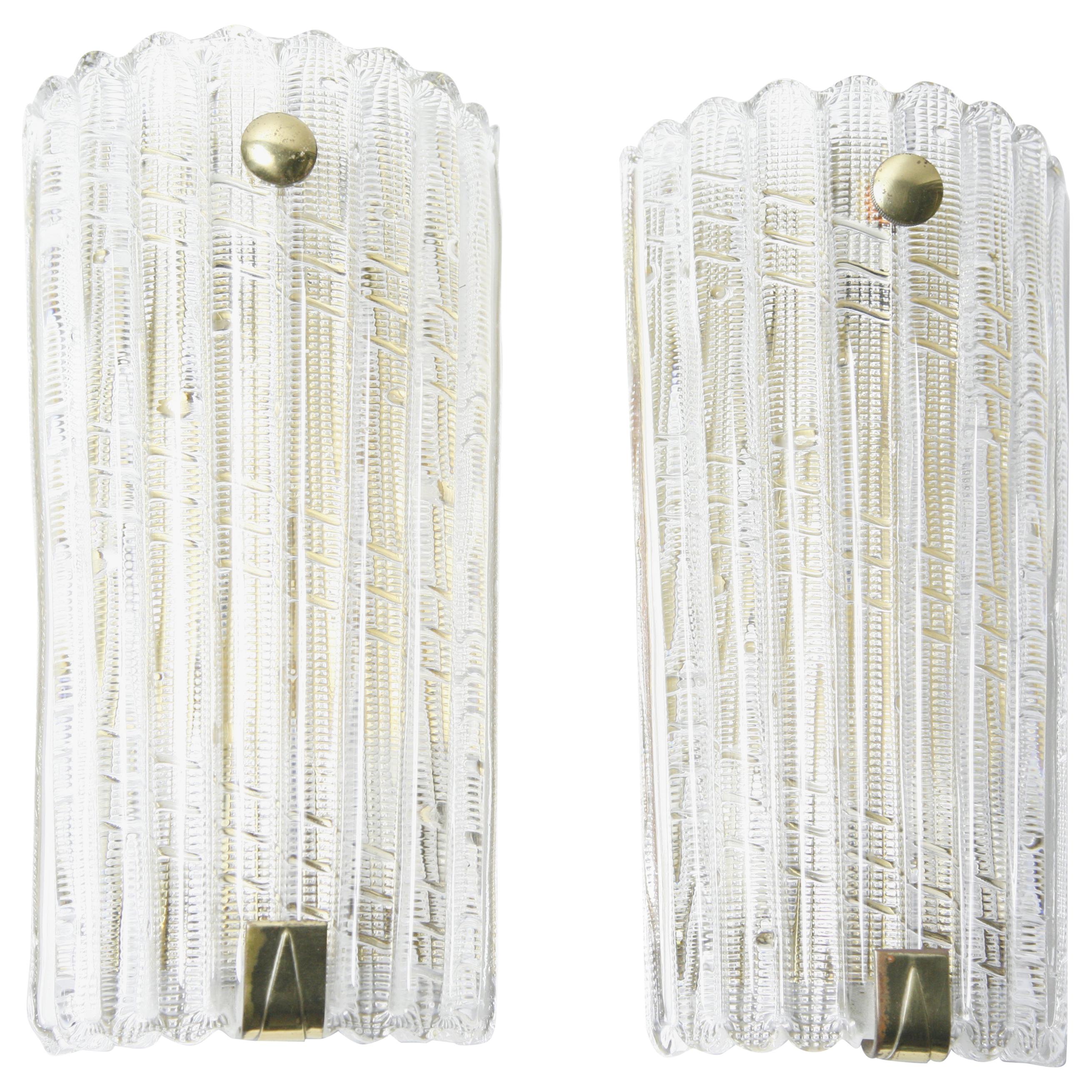 Large Pair of Orrefors Crystal and Brass Sconces by Carl Fagerlund, Sweden, 1950 For Sale