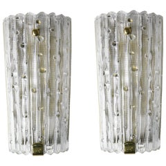 Large Pair of Orrefors Crystal and Brass Sconces by Carl Fagerlund, Sweden, 1950