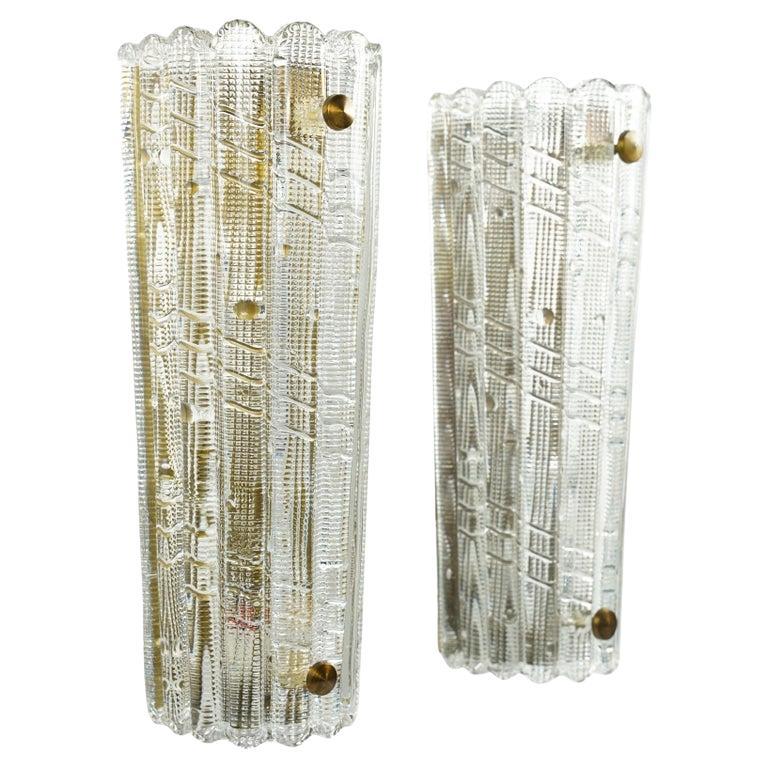 Large Pair of Orrefors Crystal and Brass Sconces by Carl Fagerlund, Sweden, 1950