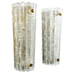 Large Pair of Orrefors Crystal and Brass Sconces by Carl Fagerlund, Sweden, 1950