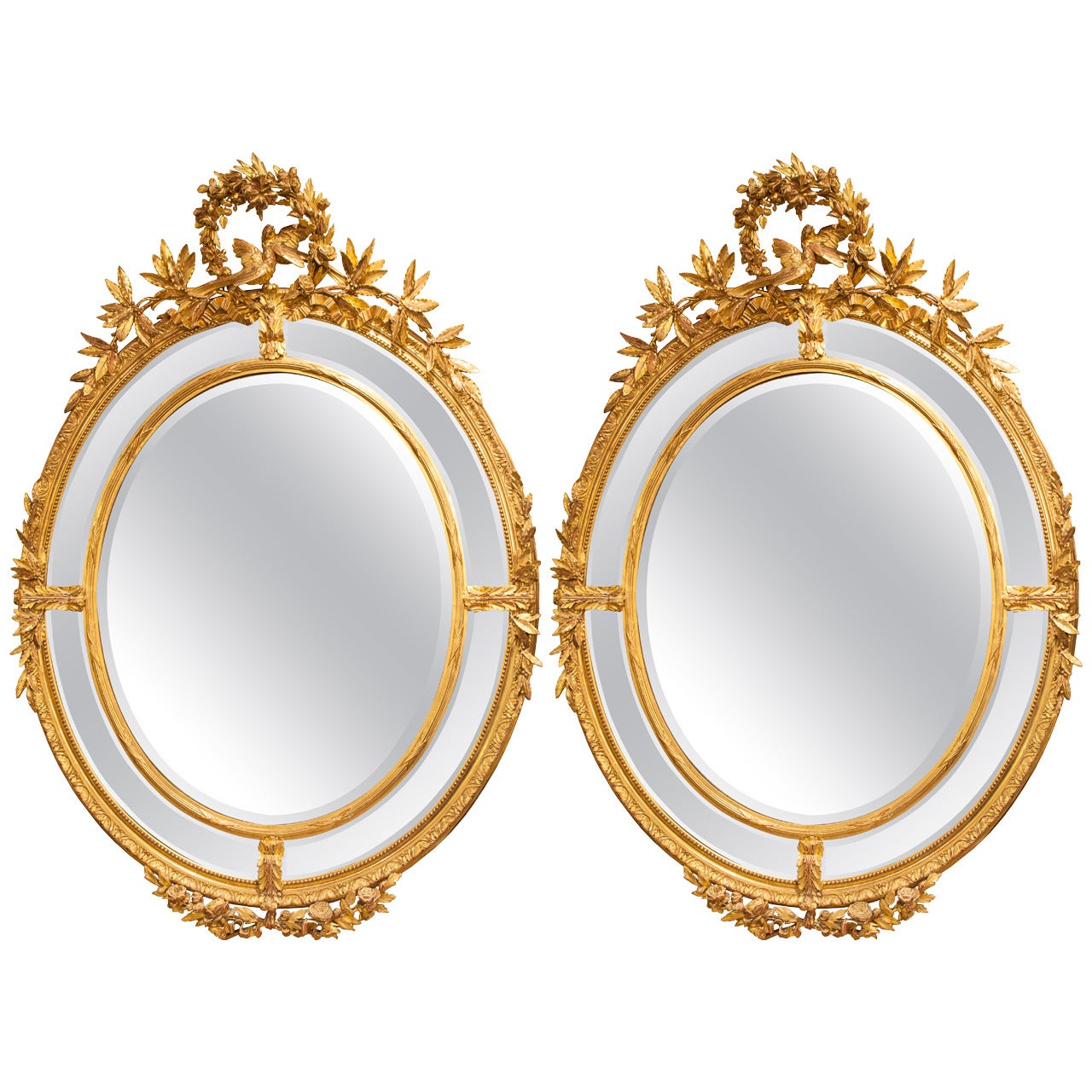 Large Pair of  oval French 19th c  Antique Giltwood Mirrors Louis XVI For Sale