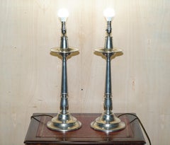 LARGE PAIR OF OWL STAMPED ARTE ITALICA TAVOLA MARINONI CANDLESTICK PEWTER LAMPs