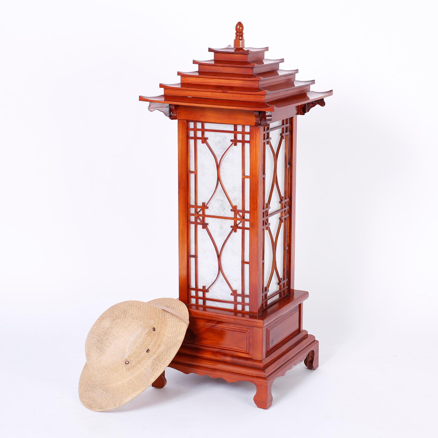 Pine Large Pair of Pagoda Table Lamps