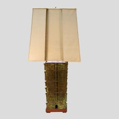 Large Pair of Pagoda Table Lamps Patinated Bronze Wood Original Silk Shades
