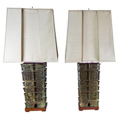 Large Pair of Pagoda Table Lamps Patinated Bronze Wood Original Silk Shades