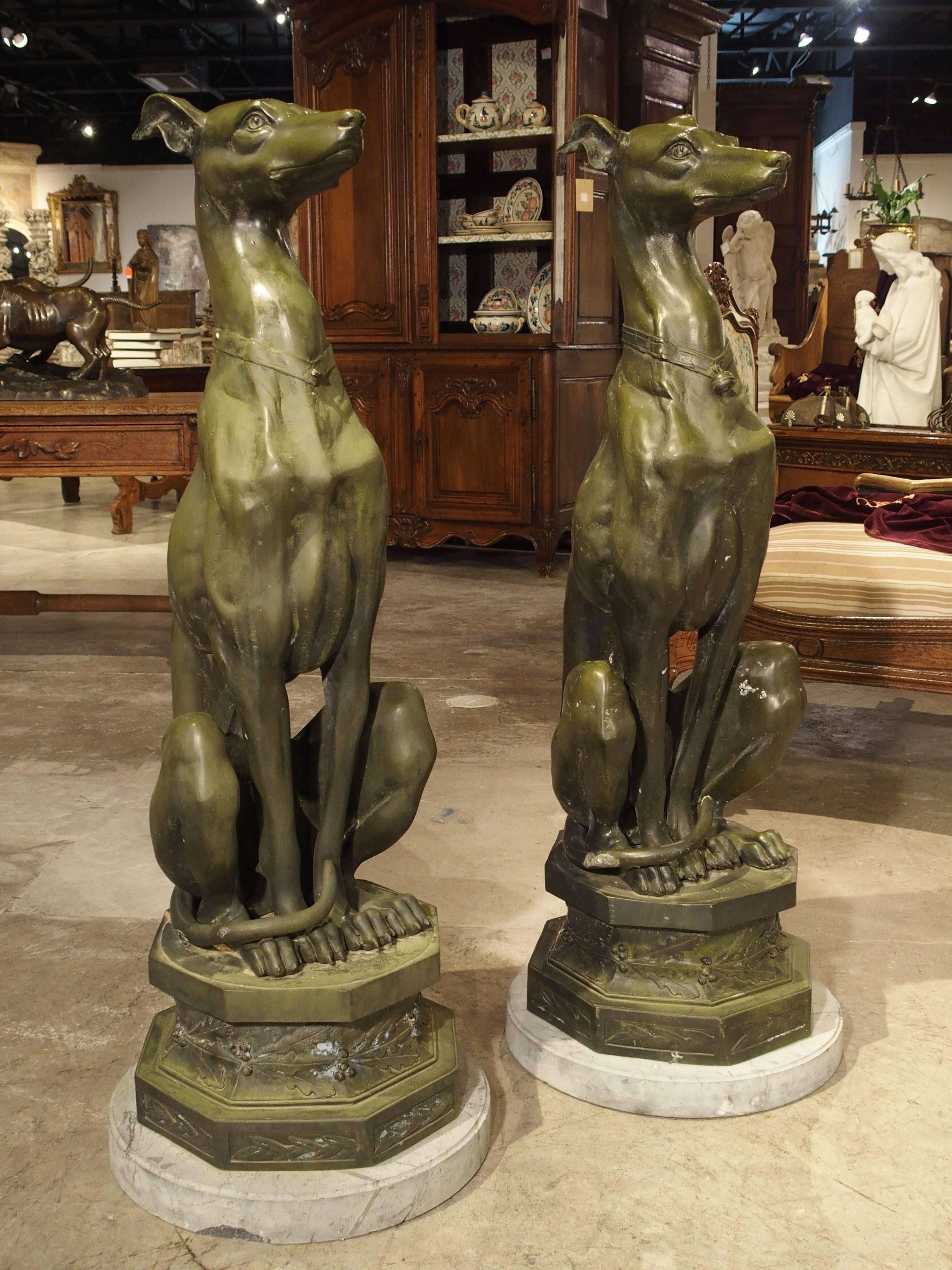 Large Pair of Painted Dog Statues on Stone Bases from France 7