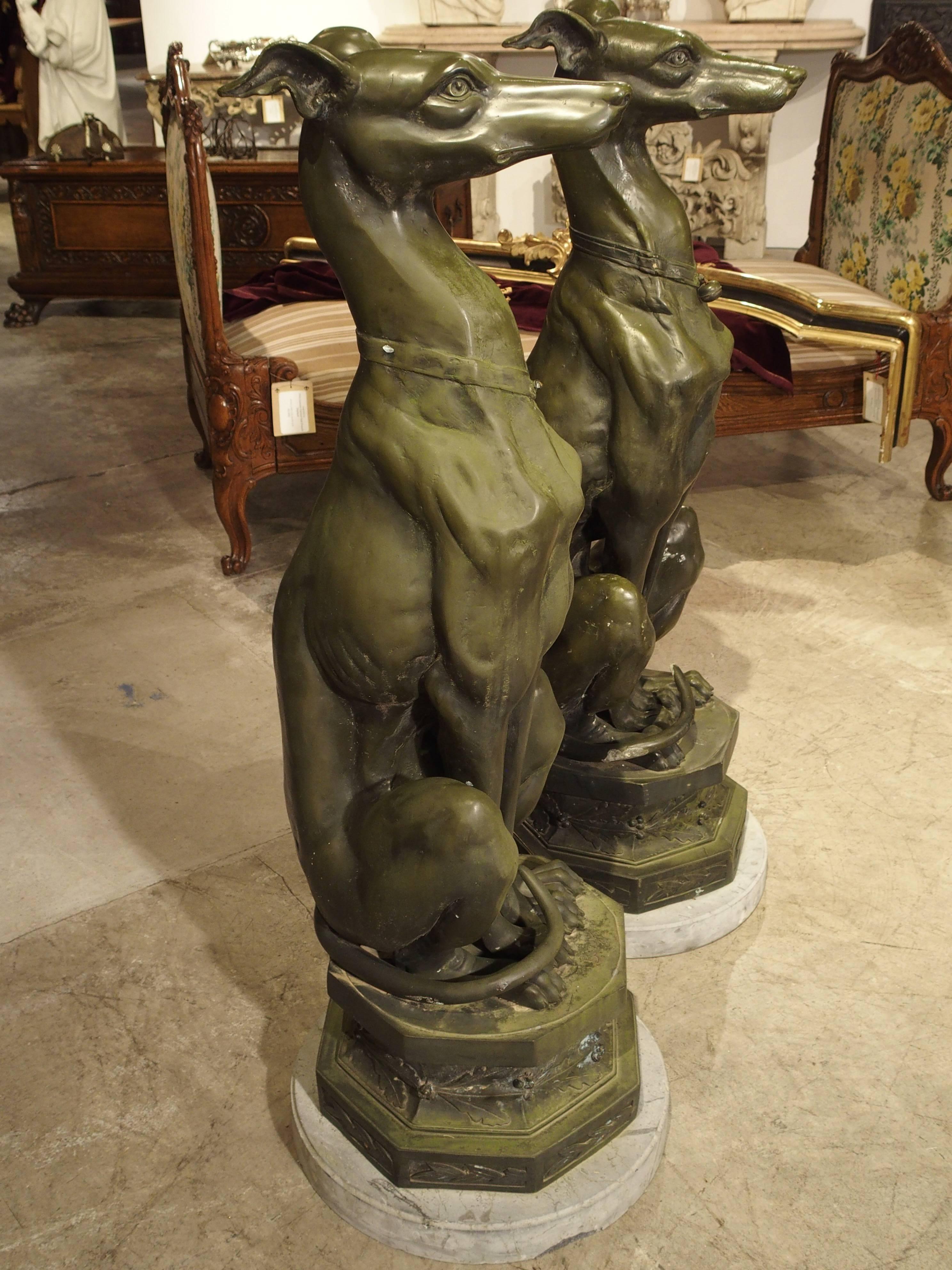 Large Pair of Painted Dog Statues on Stone Bases from France 9