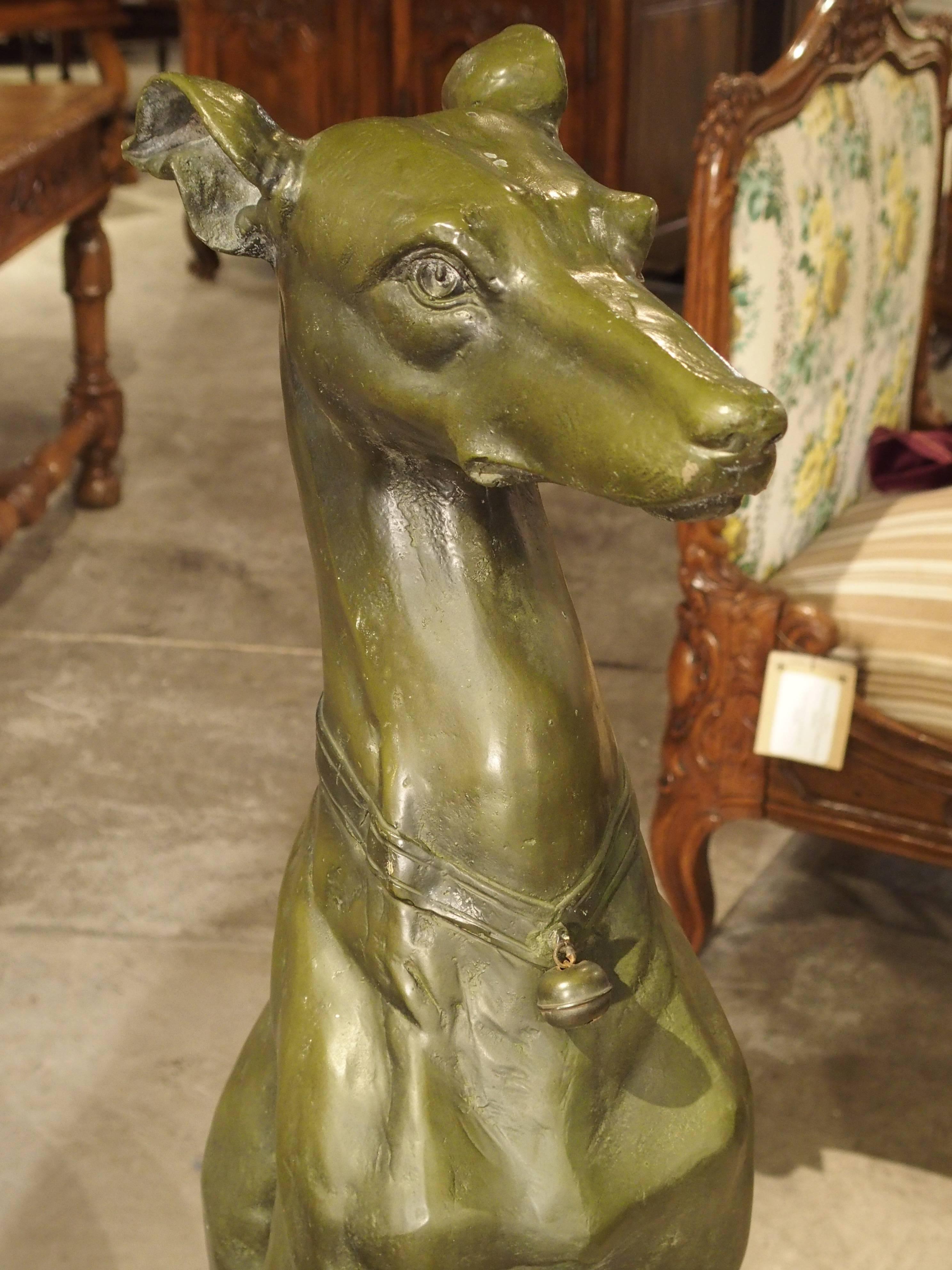 French Large Pair of Painted Dog Statues on Stone Bases from France