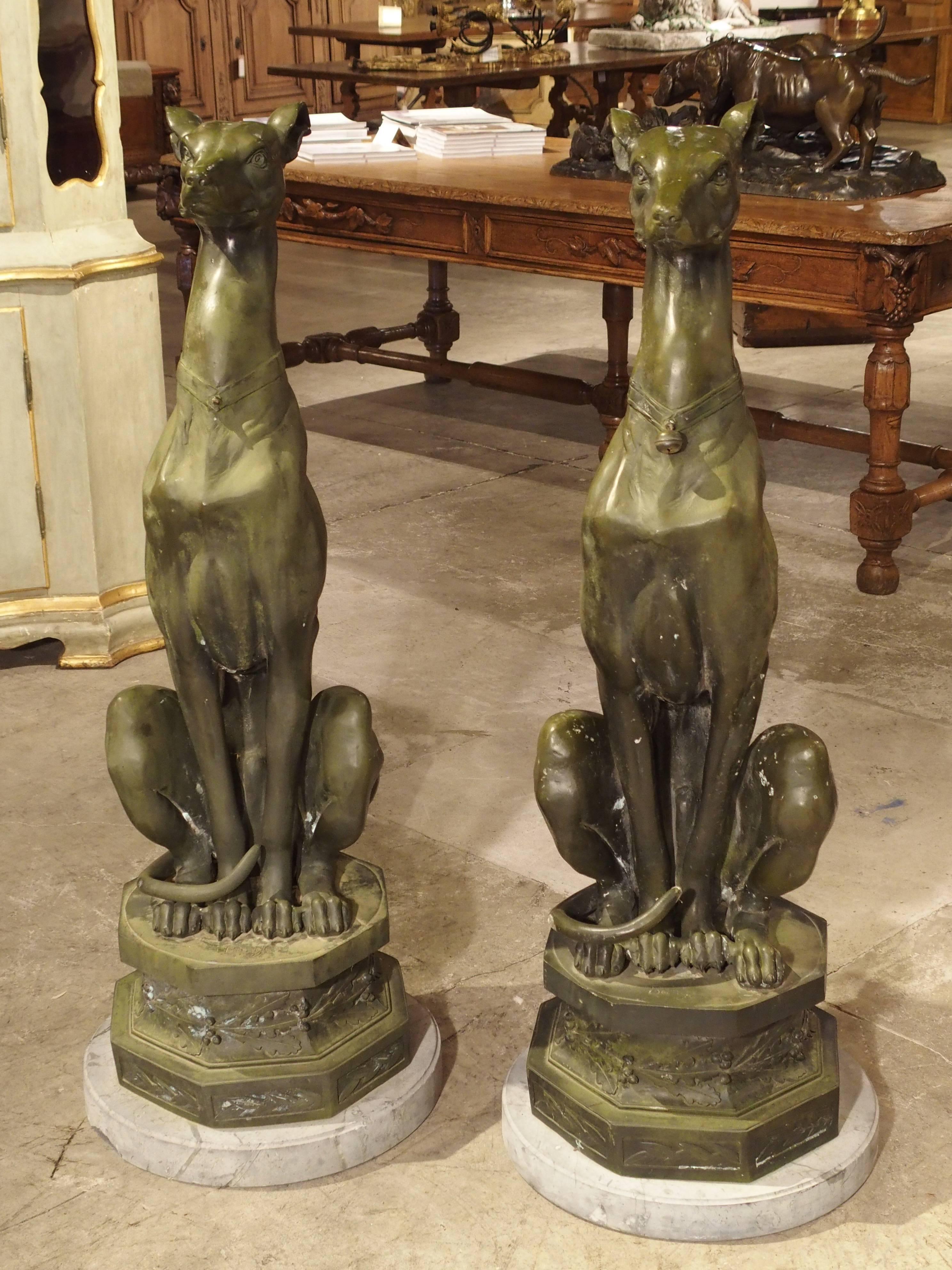 Large Pair of Painted Dog Statues on Stone Bases from France In Good Condition In Dallas, TX