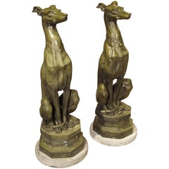 Large Pair of Painted Dog Statues on Stone Bases from France