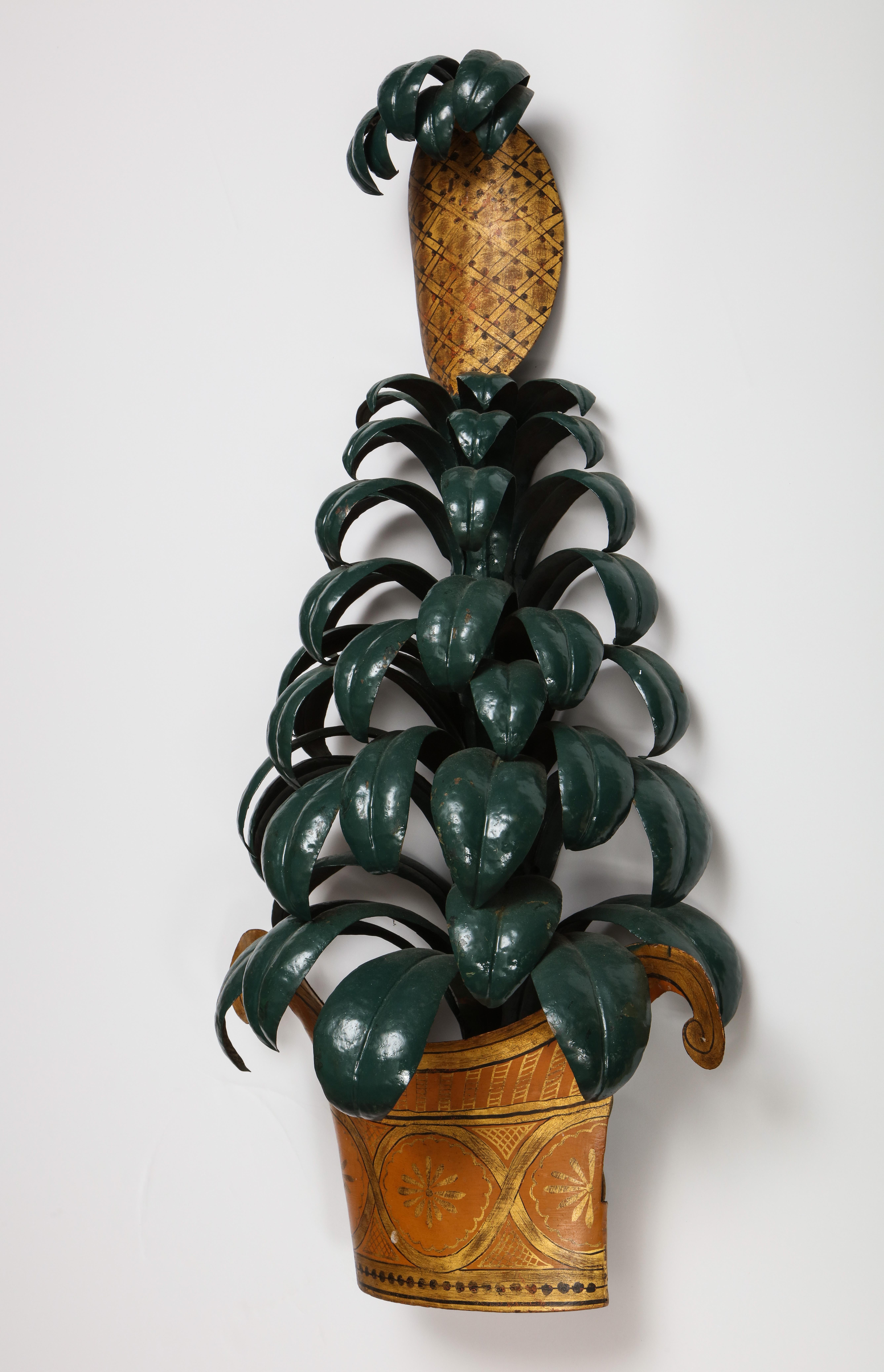 20th Century Large Pair of Painted Tole Pineapple Sconces
