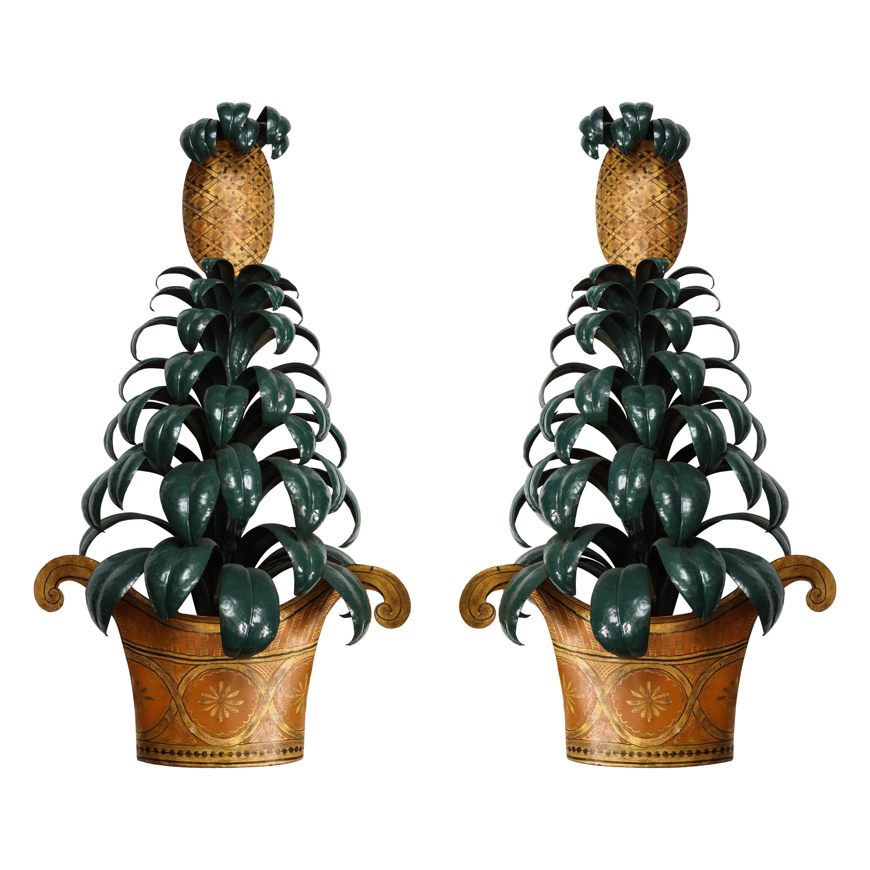 Large Pair of Painted Tole Pineapple Sconces