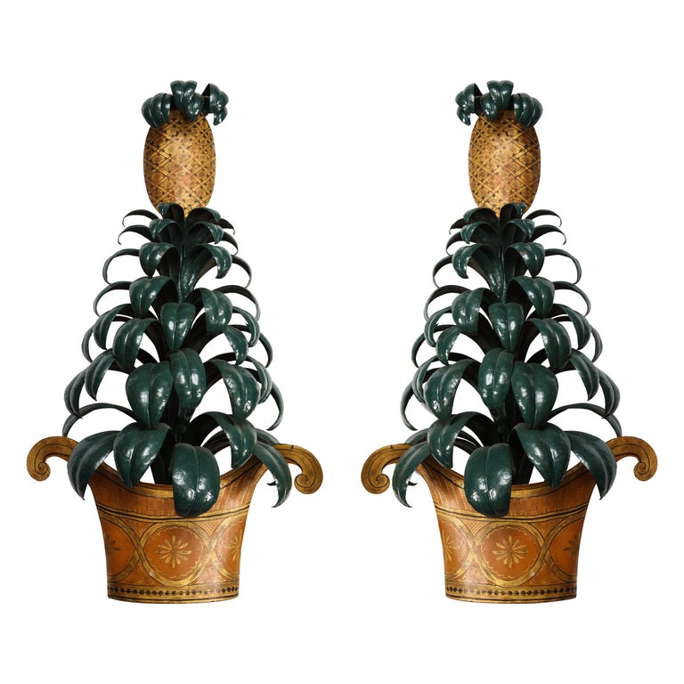 Large Pair of Painted Tole Pineapple Sconces For Sale