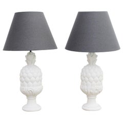 Large Pair of Painted White Carved Wood Pineapple Table Lights