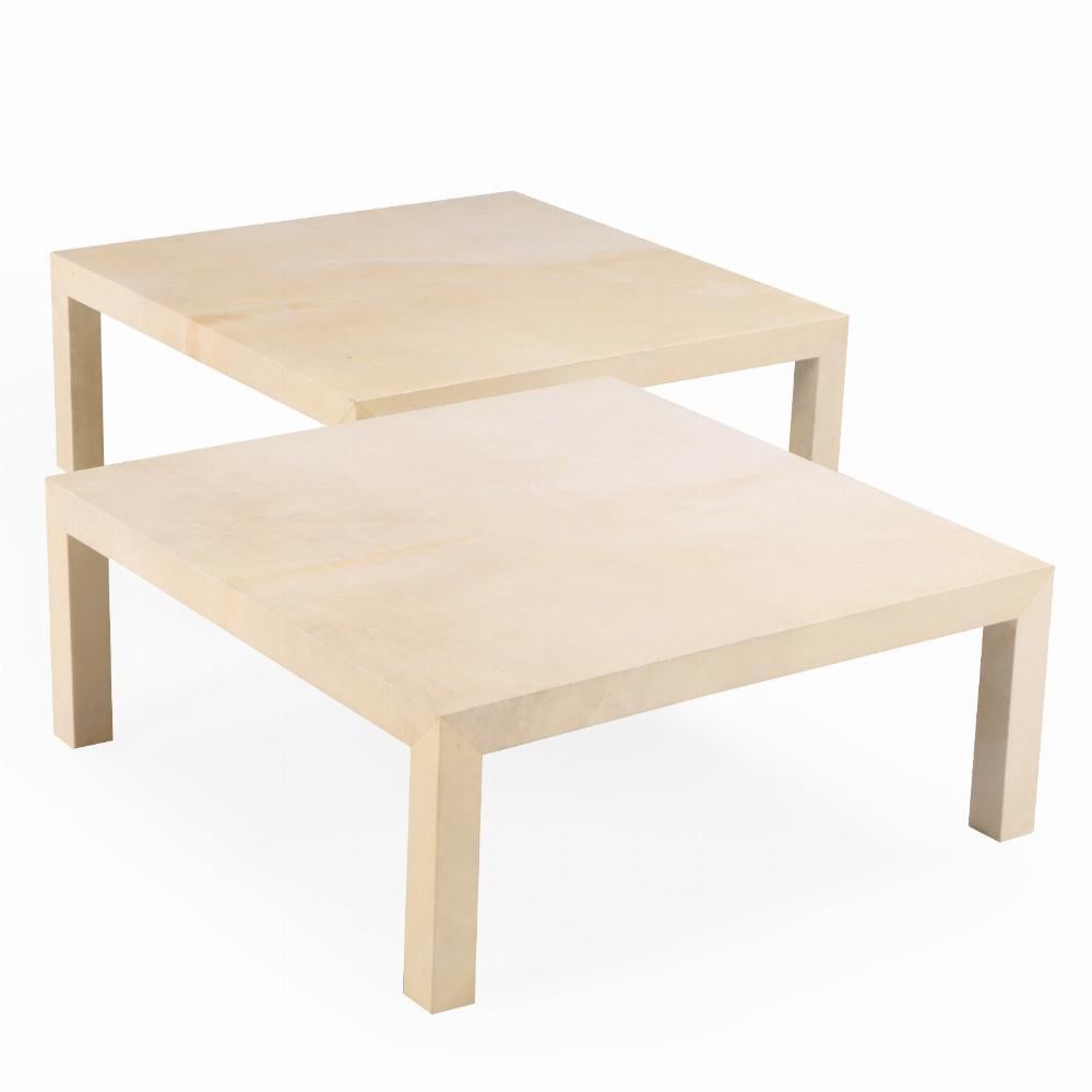 Large pair of parchment covered coffee / end tables in the manner of Samuel Marx In Good Condition For Sale In Philadelphia, PA