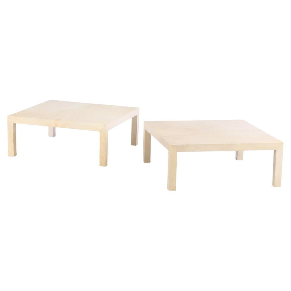 Large pair of parchment covered coffee / end tables in the manner of Samuel Marx For Sale