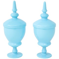 Large Pair of Pastel Blue Lidded Vases
