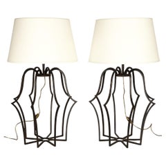 Large Pair of Patinated Bronze "cage" Lamps - in the Style of Jean Royère