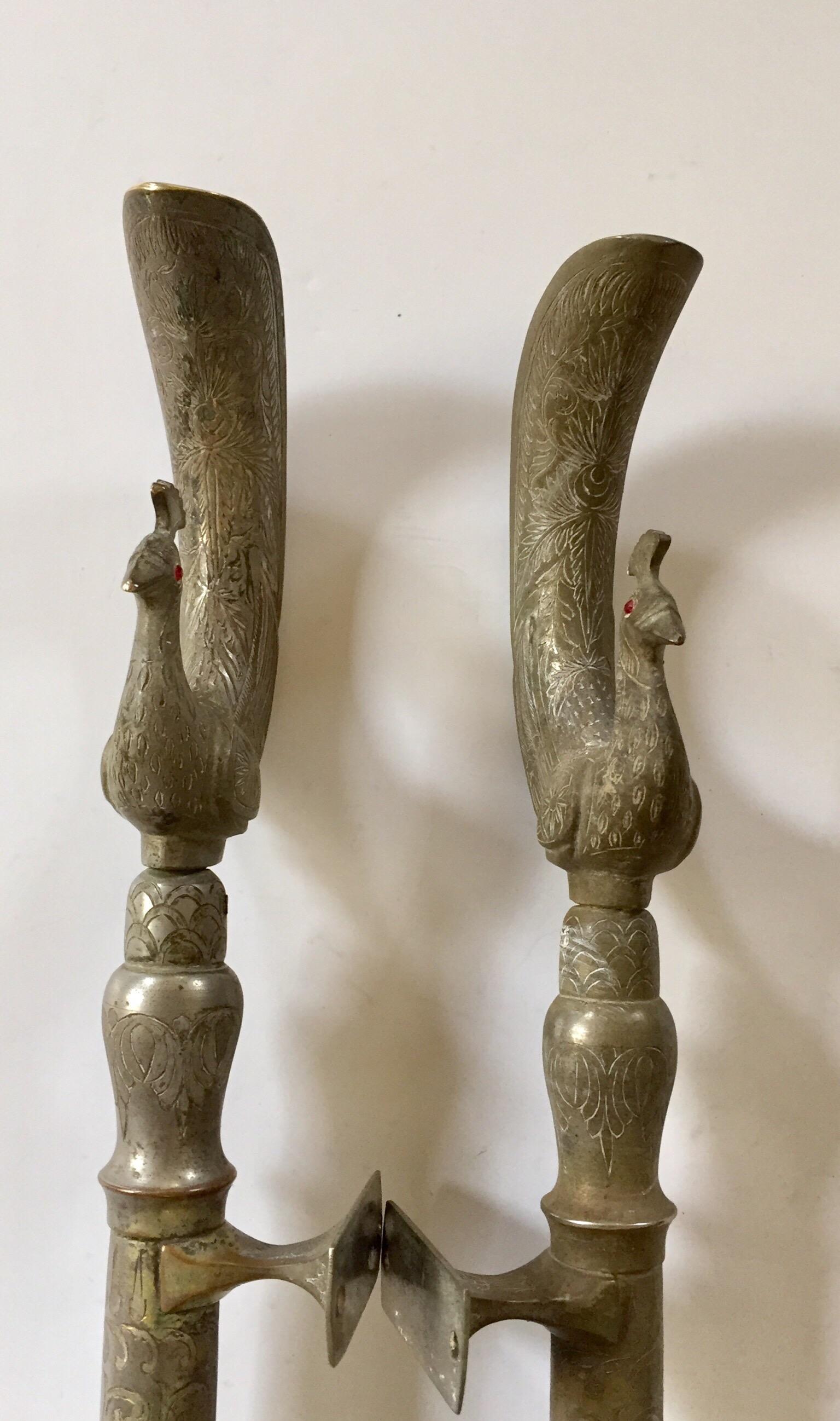 Large Pair of Mughal Indian Peacock Shaped Brass Silvered Door Handles 5