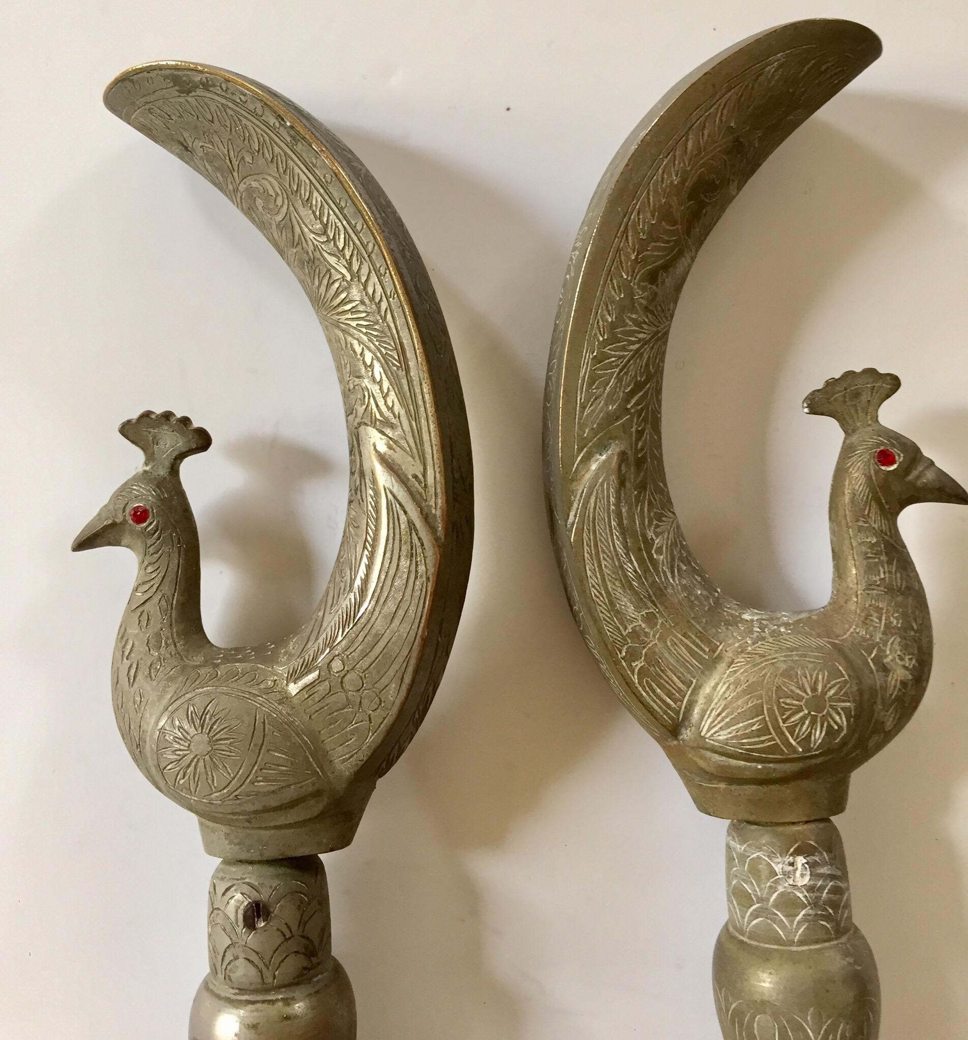 Large Pair of Mughal Indian Peacock Shaped Brass Silvered Door Handles 7