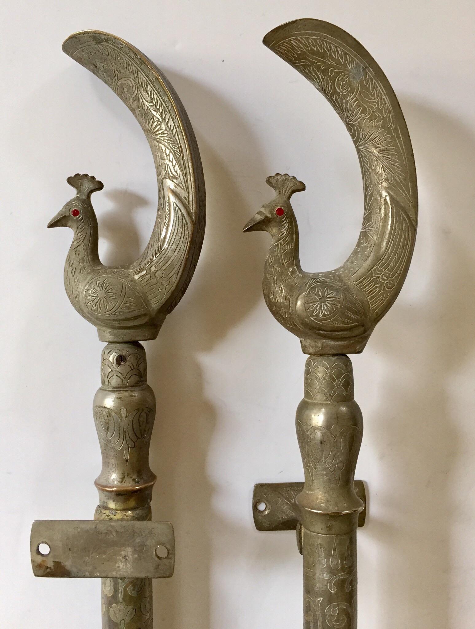 Large Pair of Mughal Indian Peacock Shaped Brass Silvered Door Handles 8