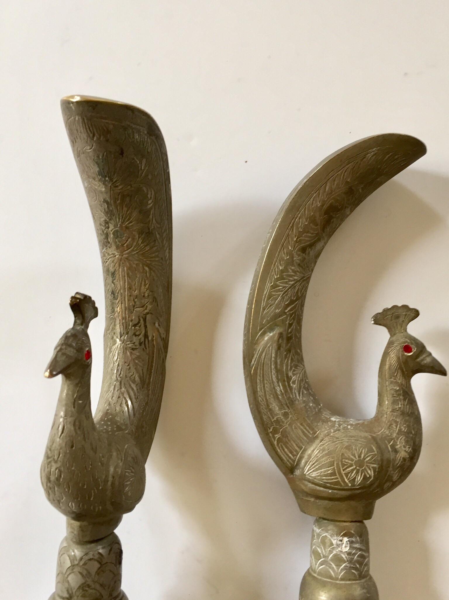 Large Pair of Mughal Indian Peacock Shaped Brass Silvered Door Handles 11