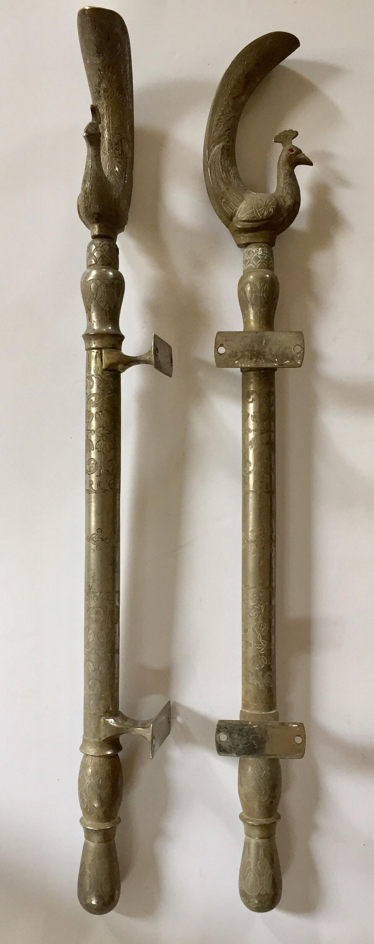 20th Century Large Pair of Mughal Indian Peacock Shaped Brass Silvered Door Handles